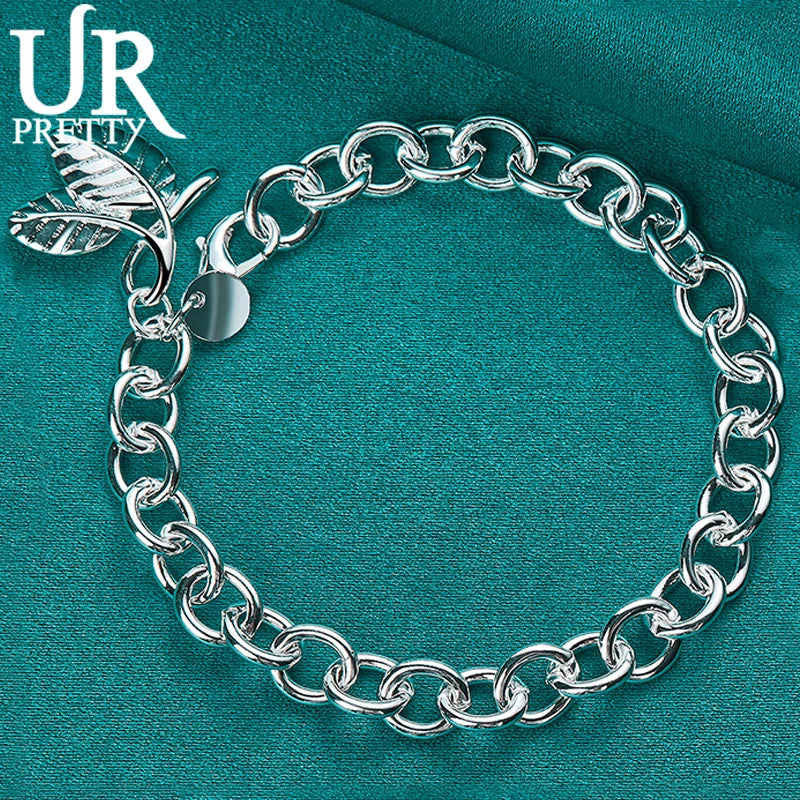 925 Silver Double Leaf Chain Bracelet Wedding Engagement Charm Jewelry