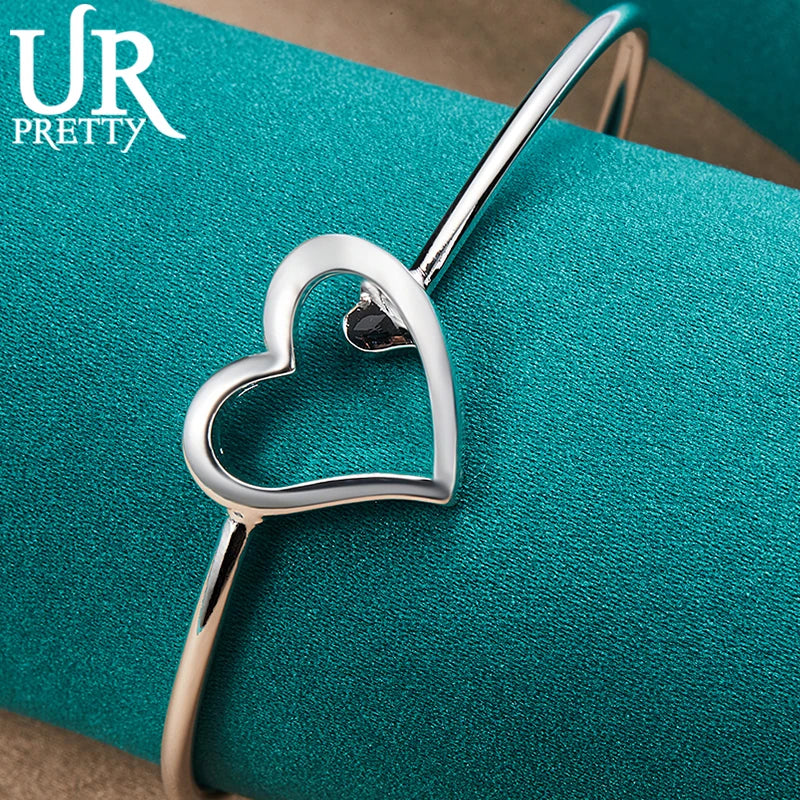 925 Silver Heart Bangle Bracelet For Women