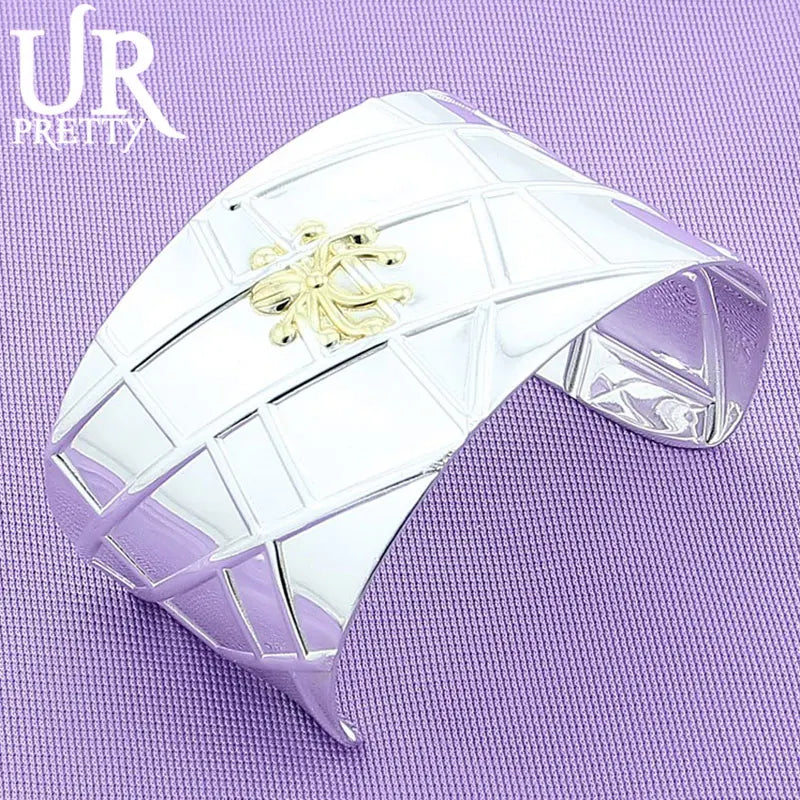 925 Silver Wide Bangle Bracelet Women's Wedding Jewelry