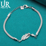 925 Silver Feather Chain Bracelet Women Wedding Engagement Party
