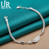 925 Silver Feather Chain Bracelet Women Wedding Engagement Party