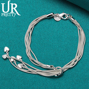 925 Silver 5 Snake Chain Heart Bracelet For Women Charm Wedding Engagement