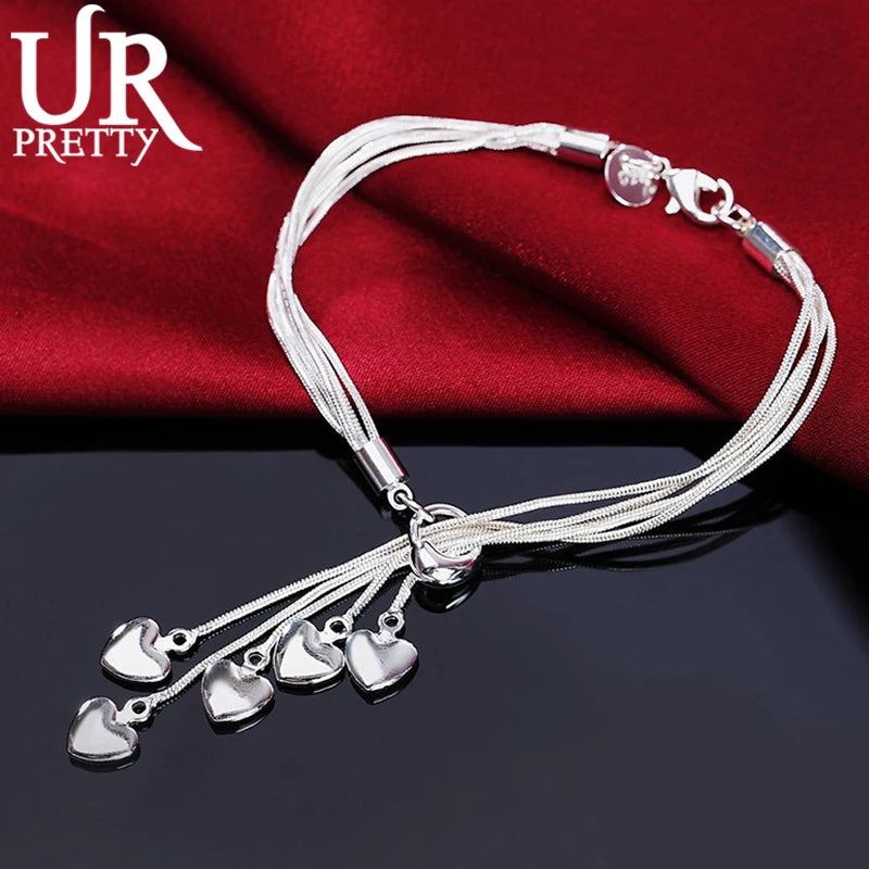 925 Sterling Silver Five Snake Chain Love Heart Bracelet For Woman