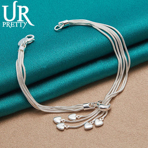 925 Silver 5 Snake Chain Heart Bracelet For Women Charm Wedding Engagement