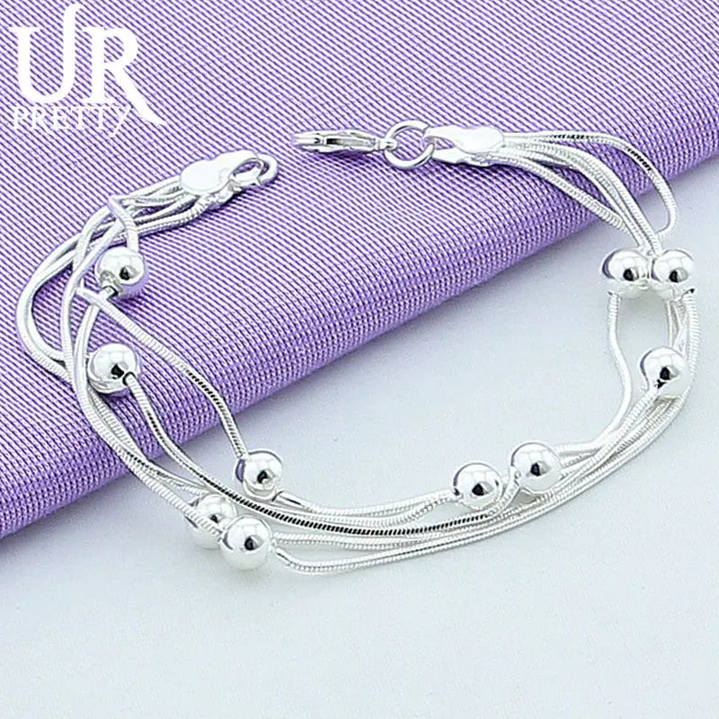 925 Silver 5 Snake Chain Bead Bracelet For Women