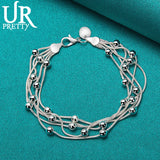925 Silver 5 Snake Chain Bead Bracelet For Women
