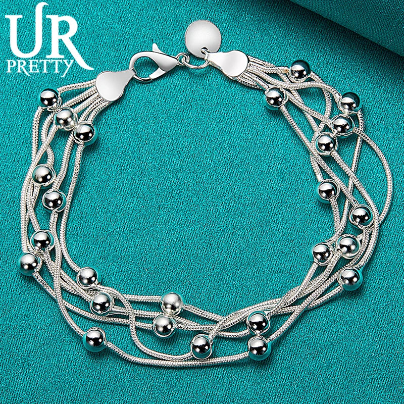 925 Silver 5 Snake Chain Bead Bracelet Women Charm Jewelry