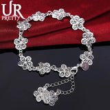 925 Silver Flower Chain Bracelet Women Charm Party Jewelry