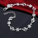 925 Silver Flower Heart Chain Bracelet Wedding Engagement Party Charm