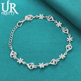925 Silver Flower Heart Chain Bracelet Women Wedding Charm Jewelry
