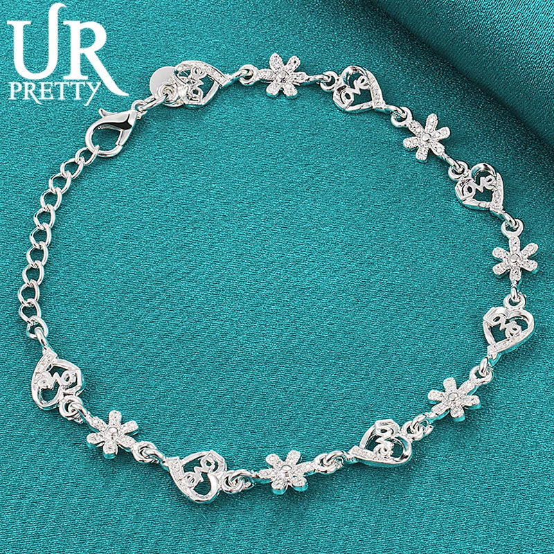 925 Silver Flower Heart Chain Bracelet Women Wedding Charm Jewelry