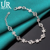 925 Silver Flower Heart Chain Bracelet Women Wedding Charm Jewelry