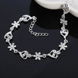 925 Silver Flower Heart Chain Bracelet Wedding Engagement Party Charm