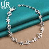 925 Silver Flower Heart Chain Bracelet Women Wedding Charm Jewelry