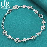 925 Silver Flower Heart Chain Bracelet Women Wedding Charm Jewelry
