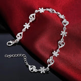 925 Silver Flower Heart Chain Bracelet Wedding Engagement Party Charm