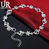 925 Silver Flower Heart Chain Bracelet Wedding Engagement Party Charm
