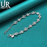 925 Silver Flower Heart Chain Bracelet Women Wedding Charm Jewelry