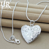 925 Silver Heart Photo Frame Pendant Necklace Snake Chain Wedding Jewelry