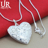 925 Silver Heart Photo Frame Pendant Necklace Snake Chain Wedding Jewelry