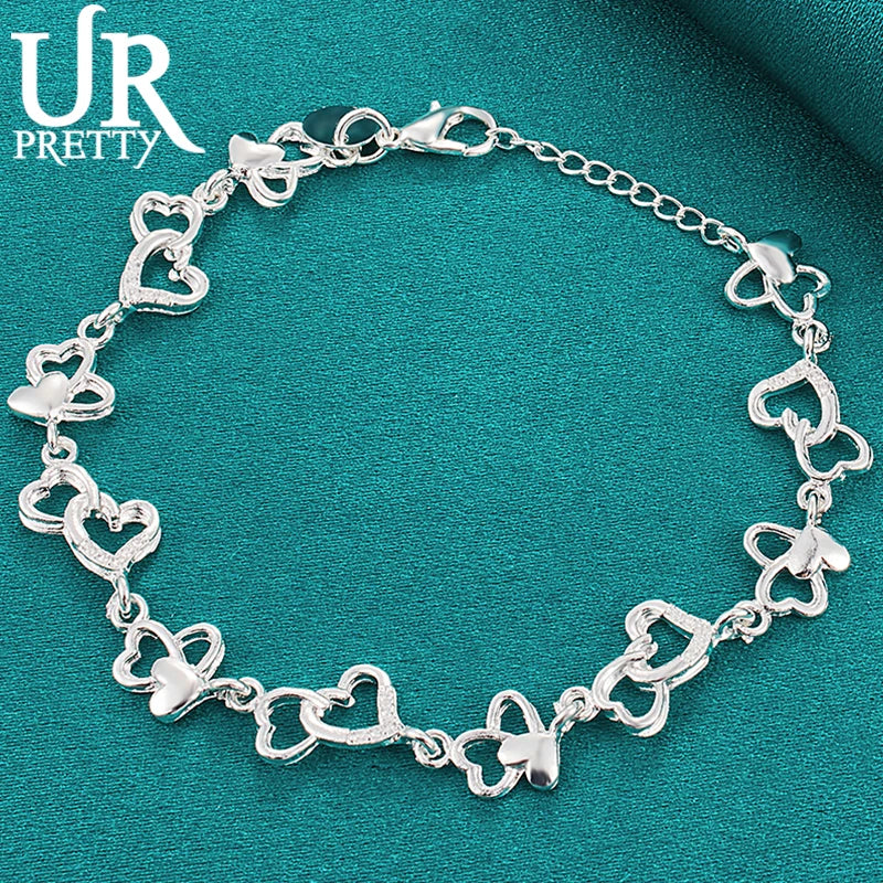 925 Silver Heart To Heart Hollow Chain Bracelet Women Wedding Jewelry