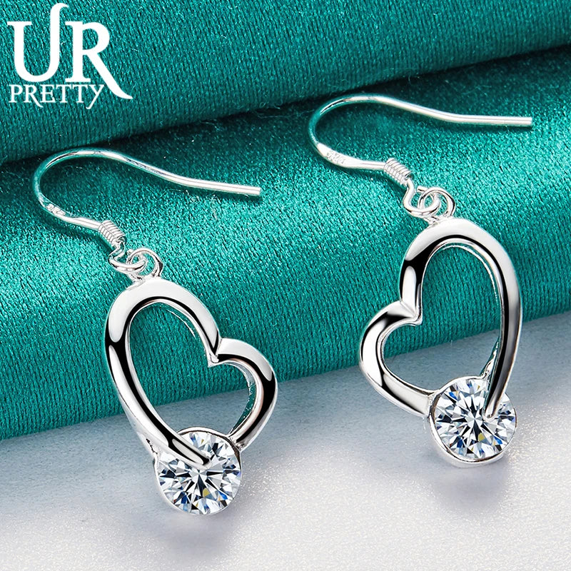 925 Silver Heart Zircon Drop Earring Wedding Party Charm Jewelry