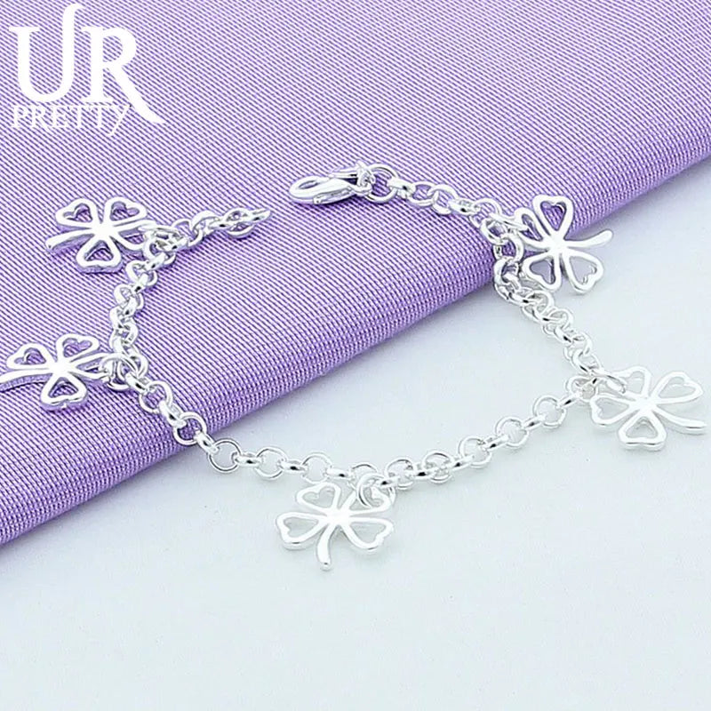 925 Silver Four Leaf Clover Chain Bracelet Women Party Wedding Charm Jewelry