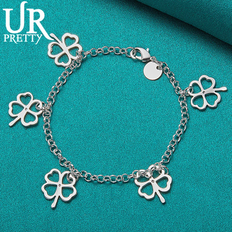 925 Silver Four Leaf Clover Bracelet Wedding Charm Jewelry