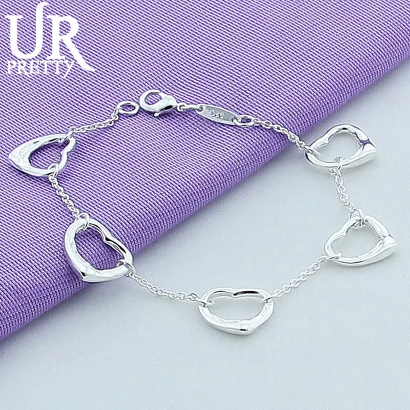 925 Silver Heart Chain Bracelet Love Charm Jewelry