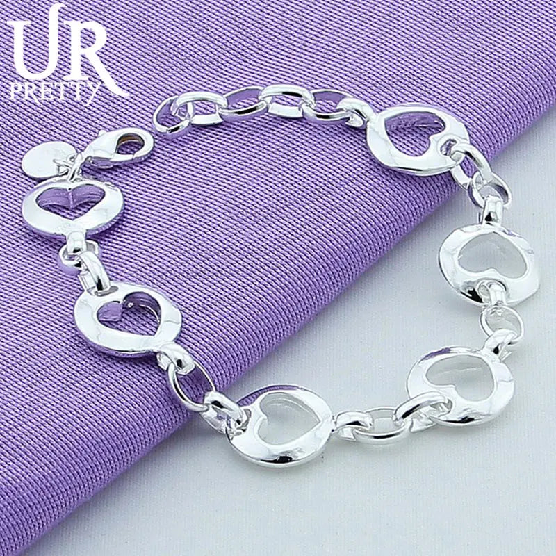 925 Silver Love Heart Chain Bracelet Engagement Wedding Charm Jewelry