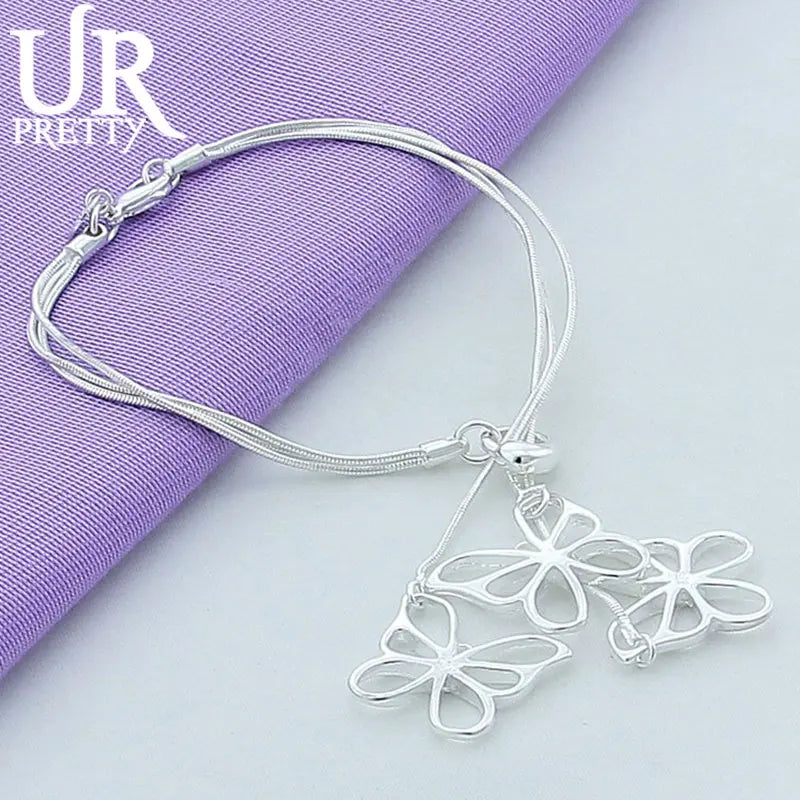925 Silver Three Butterflies Snake Chain Bracelet For Women
