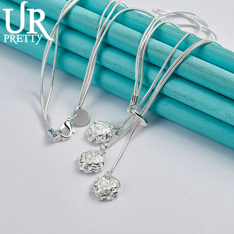 925 Silver Water Drops & Roses Chain 20-Inch Necklace for Woman Party Wedding