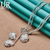 925 Silver Water Drops & Roses Chain 20" Necklace Wedding Charm Jewelry