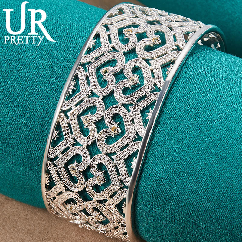 925 Silver Love Heart Adjustable Bangle Bracelet