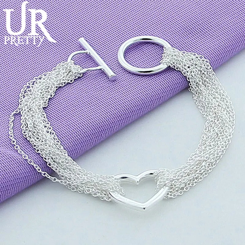 925 Silver Love Heart Hollow OT Chain Bracelet Wedding Engagement Charm Jewelry