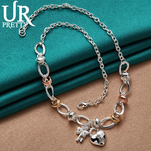 925 Silver Heart Key Pendant Necklace 20 Inch Chain for Women