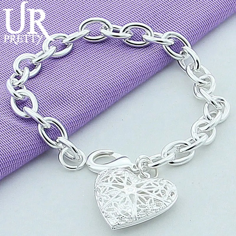 925 Silver Heart Picture Frame Chain Bracelet Wedding Charm Jewelry