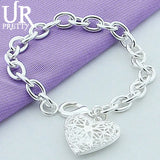 925 Silver Heart Picture Frame Chain Bracelet Wedding Charm Jewelry