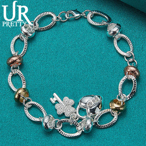 925 Silver Love Key Oval Circle Chain Bracelet Women Wedding Jewelry
