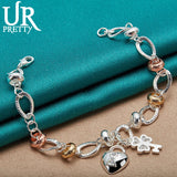 925 Silver Love Key Oval Circle Chain Bracelet Women Wedding Jewelry