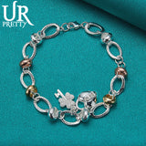925 Silver Love Key Oval Circle Chain Bracelet Women Wedding Jewelry