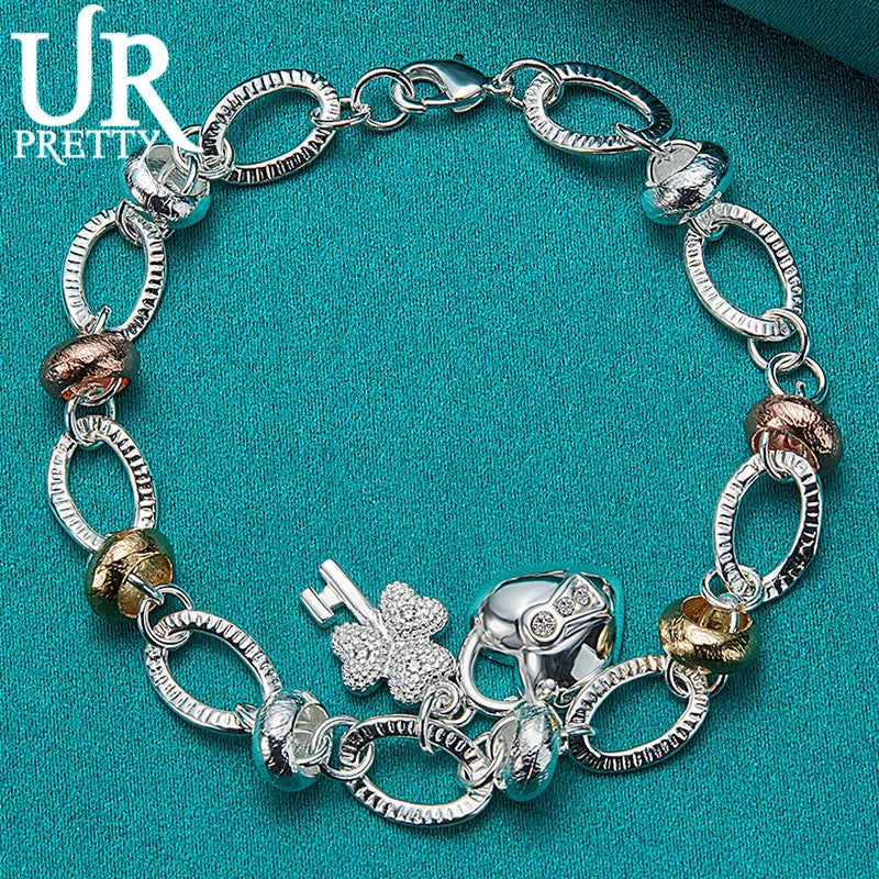 925 Silver Love Key Oval Circle Chain Bracelet Women Wedding Jewelry