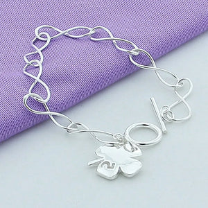 925 Silver Clover & Number 5 Chain Bracelet Women Wedding Charm Jewelry