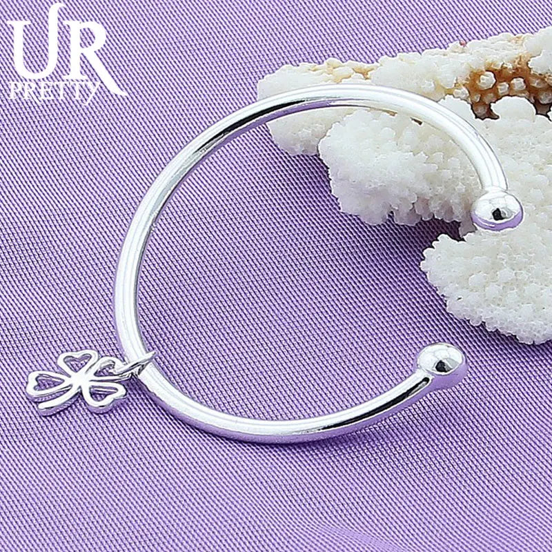 925 Silver Lucky Grass Pendant Bangle Bracelet Wedding Jewelry