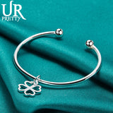 925 Silver Lucky Grass Pendant Bangle Bracelet Wedding Jewelry