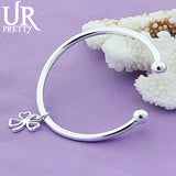 925 Silver Lucky Grass Pendant Bangle Bracelet Wedding Jewelry