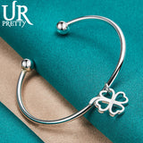 925 Silver Lucky Grass Pendant Bangle Bracelet Wedding Jewelry