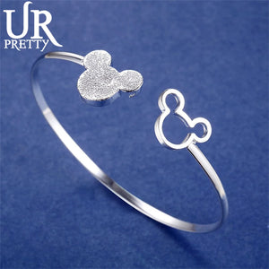 925 Silver Mickey Open Bangle Women Bracelet Charm Jewelry