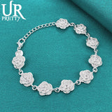 925 Silver Nine Roses Chain Bracelet Wedding Party Charm Jewelry