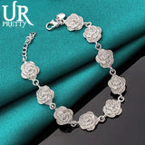 925 Silver Nine Roses Chain Bracelet Wedding Party Charm Jewelry